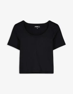 Cropped shirt - Geribde structuur - zwart