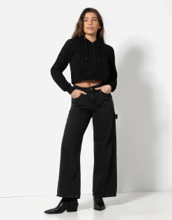 Cropped sweatjack - Capuchon met tunnelkoord - zwart
