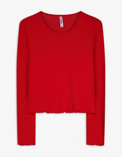 Gesneden shirt met lange mouwen - Geribde structuur - rood