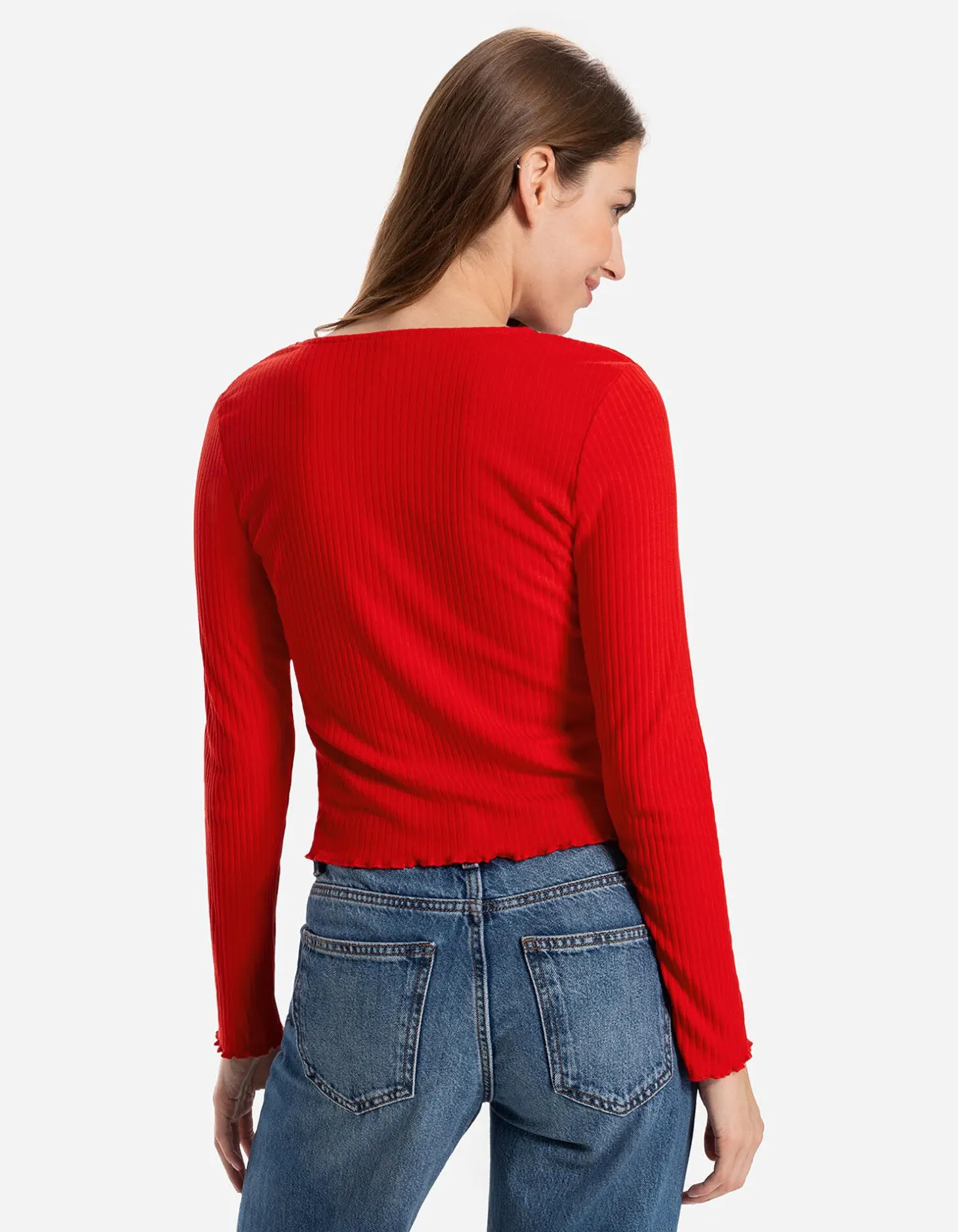 Gesneden shirt met lange mouwen - Geribde structuur - rood