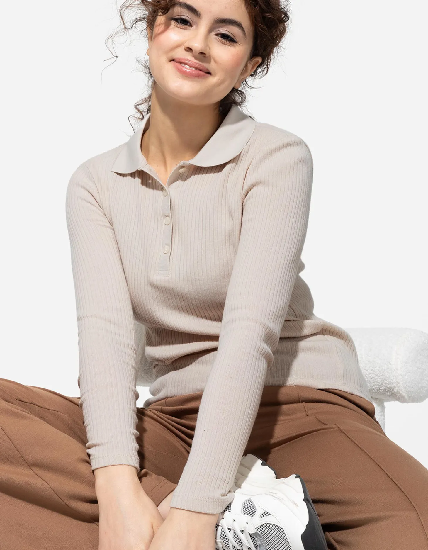 Poloshirt - Geribde structuur - beige