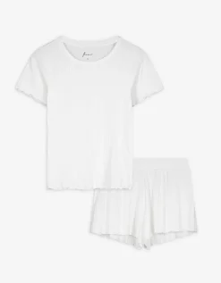 Pyjama set van shirt en broek - Geschulpte zoom - wit