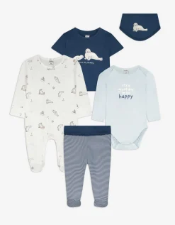 Set bestaande uit romper met lange mouwen, broek, T-shirt, romper en slabbetje - Motief all-over - lichtblauw