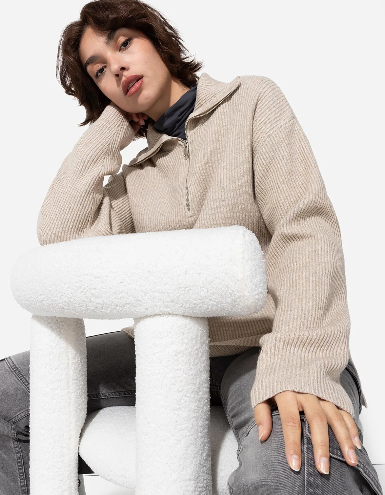 Trui - Ritssluiting - beige