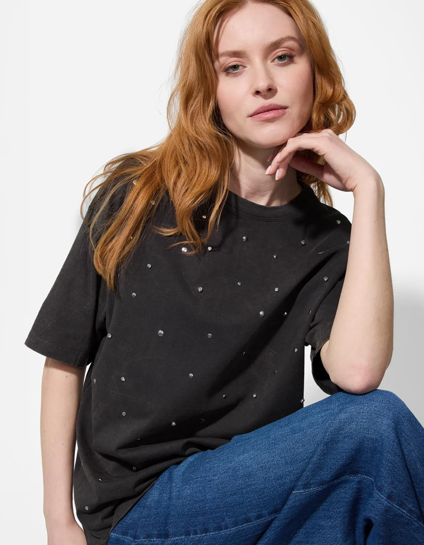 T-shirt - Met studs - donkergrijs